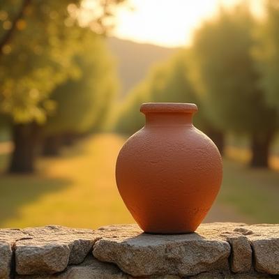 Close up of a sun-warmed hand-made ceramic pot on a stone wall in the Mediterranean