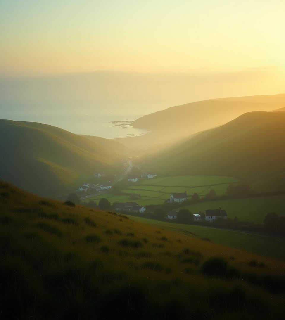 A wide, serene view of a lush coastal valley under soft morning light