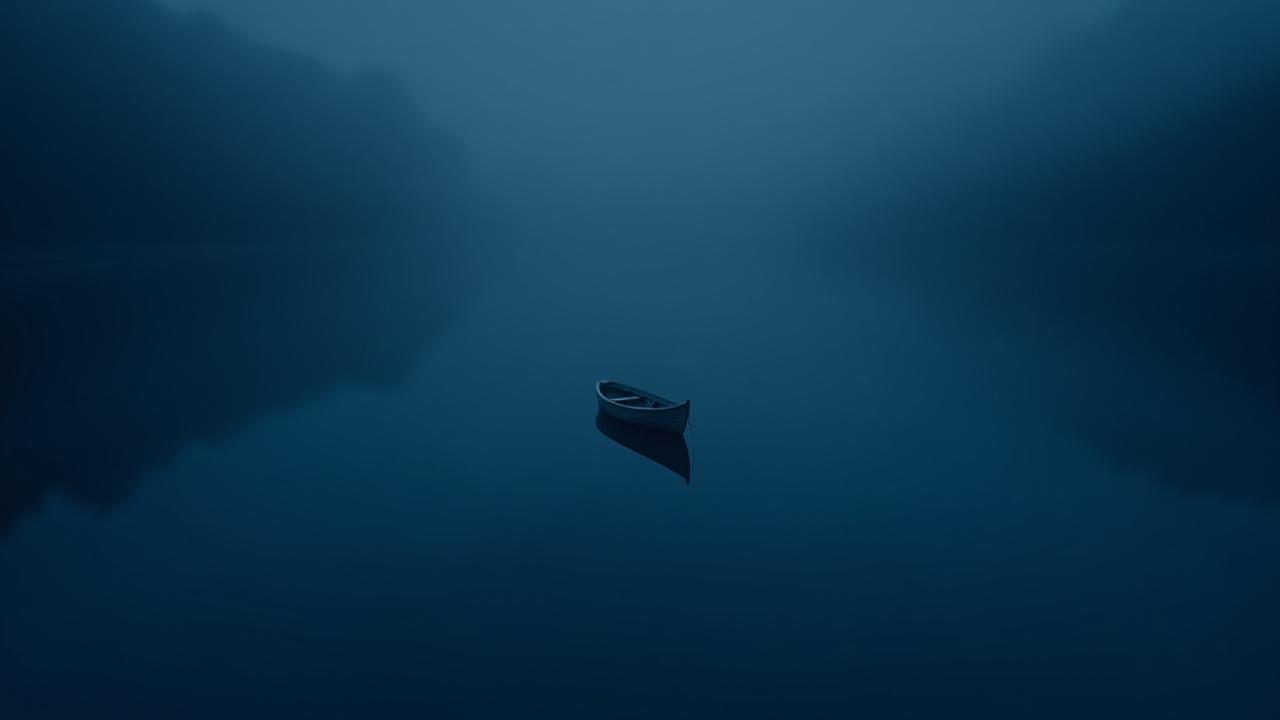A lonely boat on a mirror-like lake