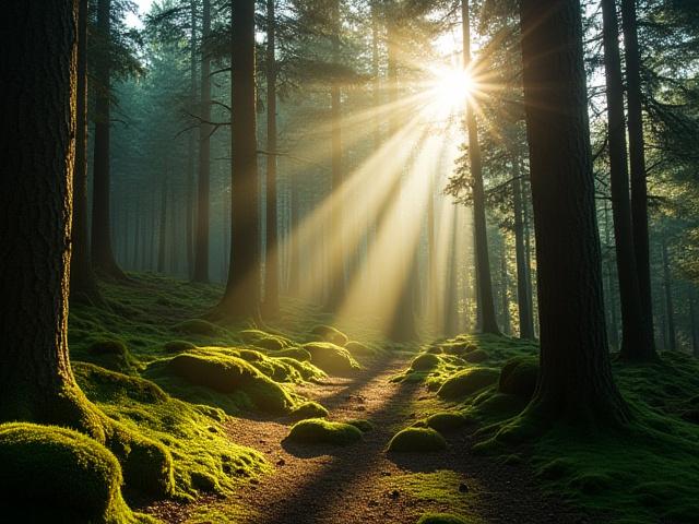 Sunlight filtering through ancient pine trees in Scotalnd