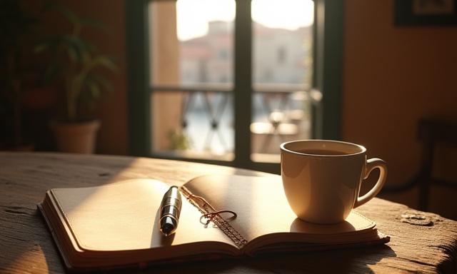 A sunlit desk with a notebook and coffee overlooking an old Italian square
